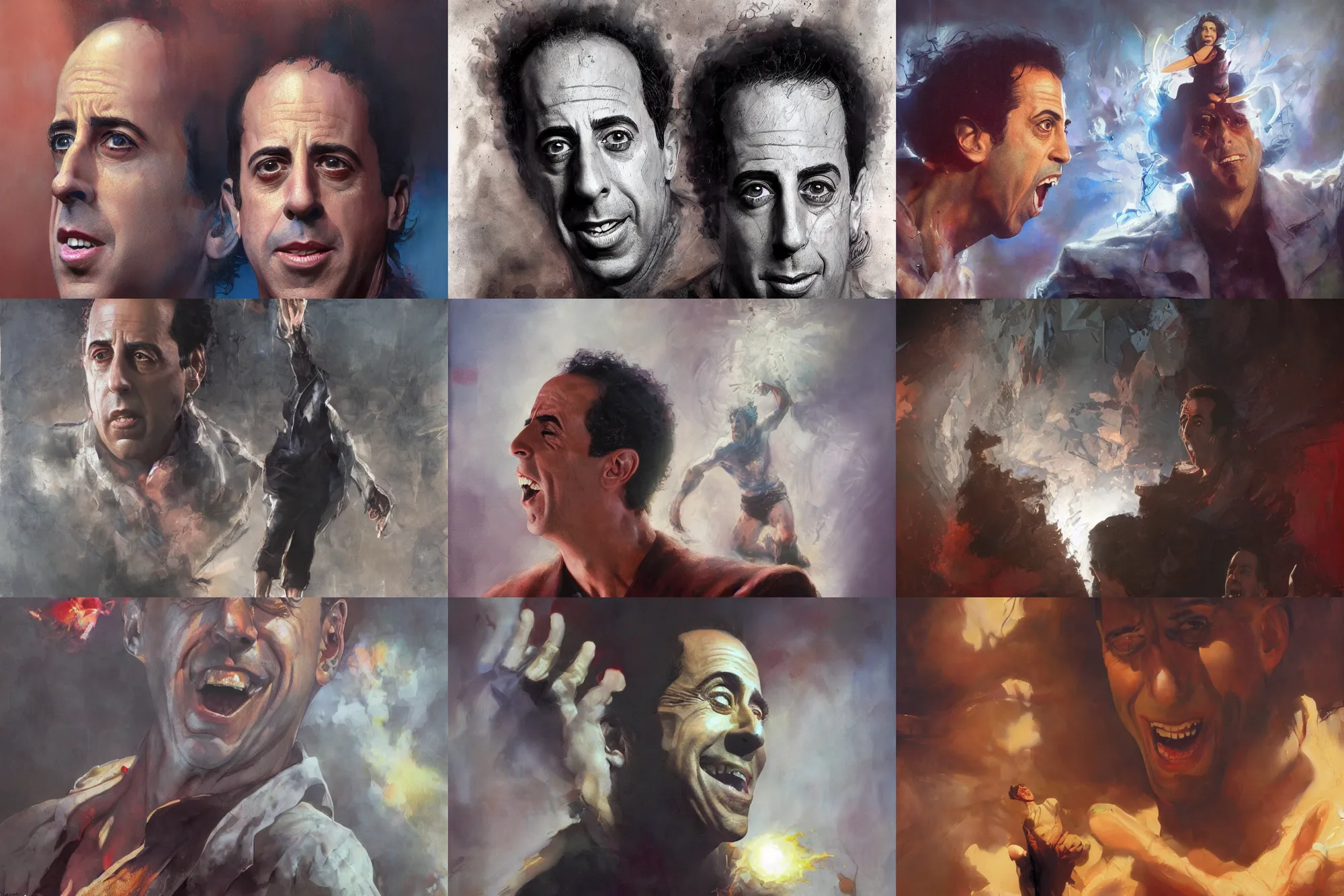 Prompt: a mixed media portrait painting of jerry seinfeld 1 9 9 0 s losing his mind by frank frazetta, greg rutkowski, christian macnevin, wlop, krenz cushart, epic fantasy character art, volumetric lighting, cgsociety, exquisite detail, masterpiece, cinematic