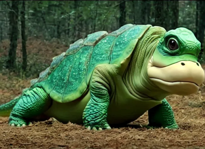 Image similar to film still of real life dinosaur turtle yoshi in the new sci - fi movie, 8 k