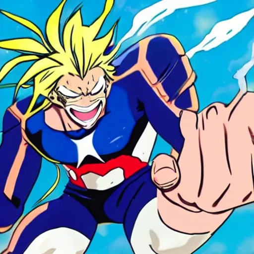 Image similar to all might from my hero academia anime holding a frog