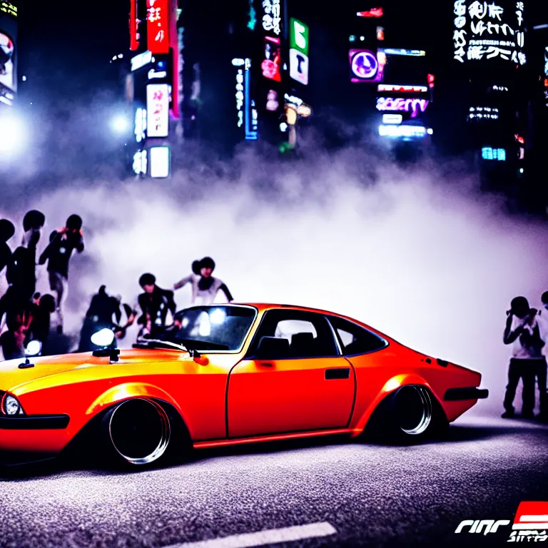 Image similar to a car S30 twin turbo drift at illegal car meet, Shibuya prefecture, city midnight mist lights, cinematic lighting, photorealistic, highly detailed wheels, high detail