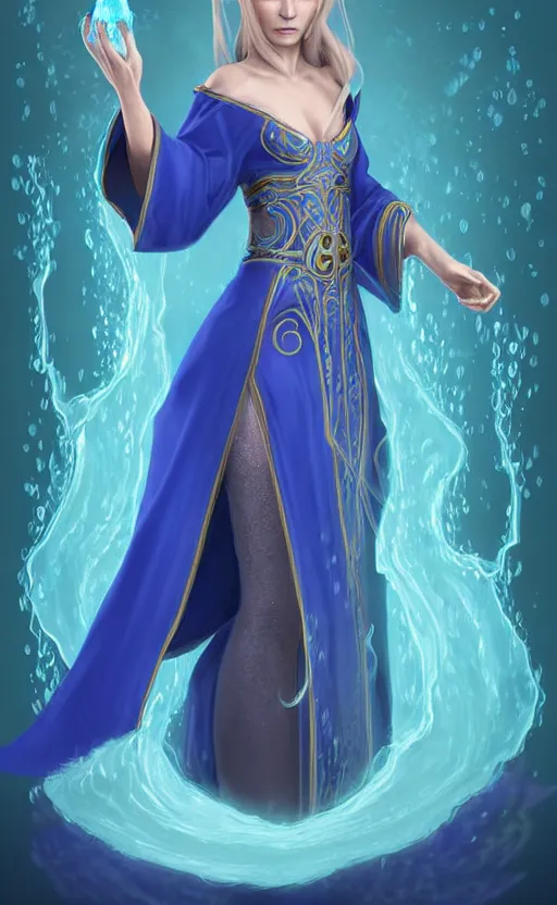 Image similar to elf female sorcerer doing water magic spells, blue robes, exquisite details, full body character design on a white background, by studio muti