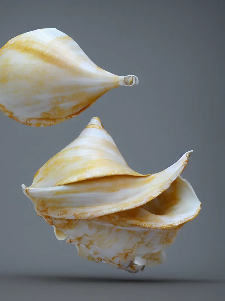 Prompt: white and gold conch, impossible geometry, surreal, Octane Render, Unreal Engine