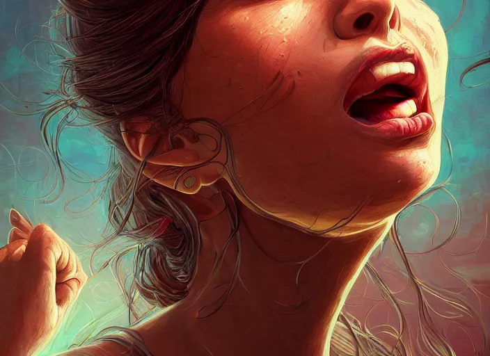 Image similar to wide open wife mouth, close - up, cry, defiant, full lips, light effect, hyper detailed, intricate, elegant, highly detailed, digital painting, artstation, concept art, matte, sharp focus, illustration, by dan mumford, yusuke murata, makoto shinkai, ross tran