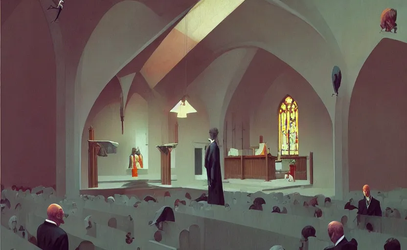 Image similar to funeral at church,highly detailed, very coherent, painted by Francis Bacon and Edward Hopper, Wayne Barlowe, painted by James Gilleard, surrealism, airbrush, art by JamesJean