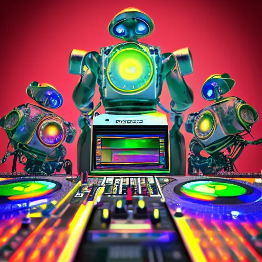 Prompt: album art, text : roborock, 3 steampunk spaced out robots on a dj desk with a cd mixer, 8 k, flourescent colors, halluzinogenic, multicolored, exaggerated detailed, front shot, 3 d render, octane