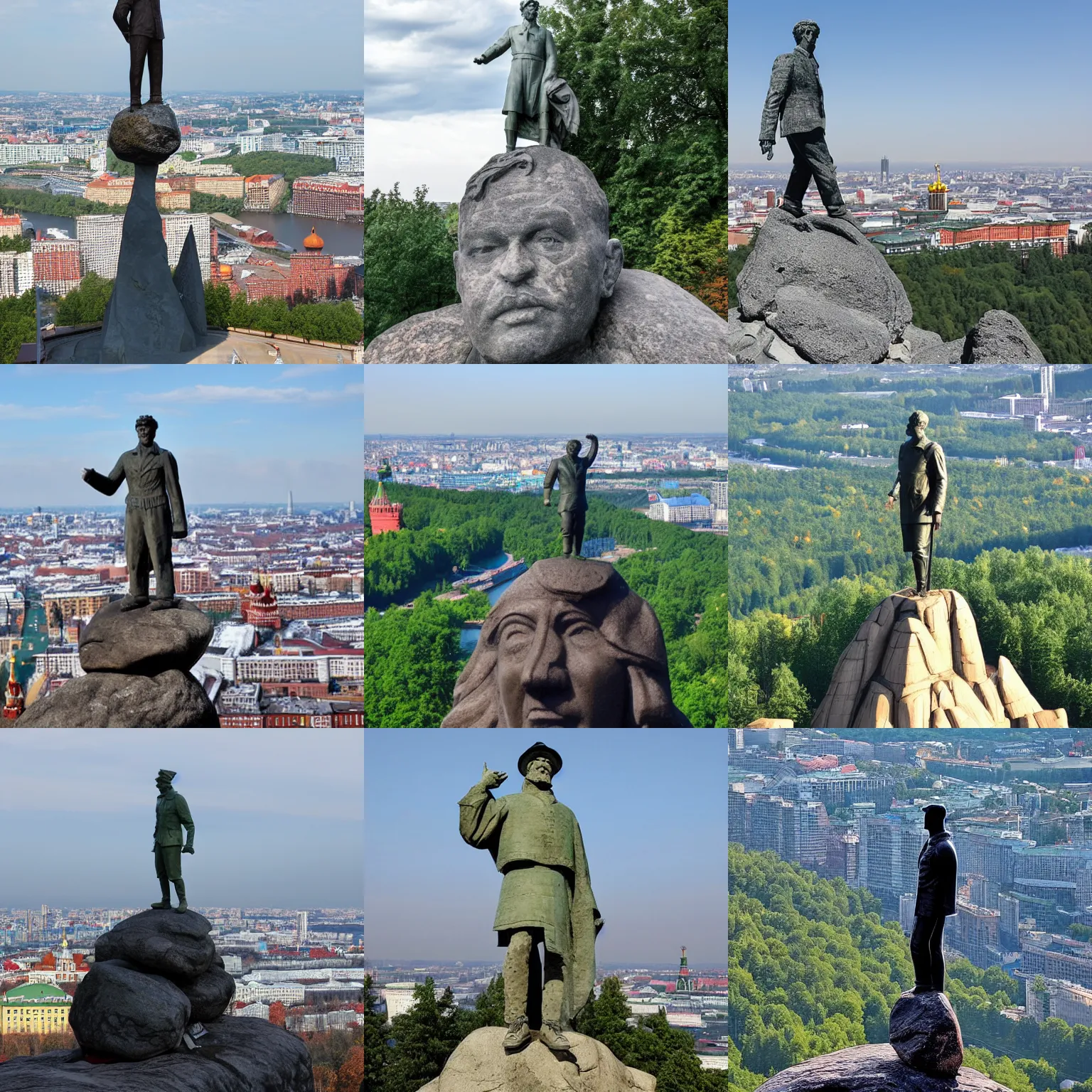 Prompt: the statue of zelensky stands atop a large rock with moscow below