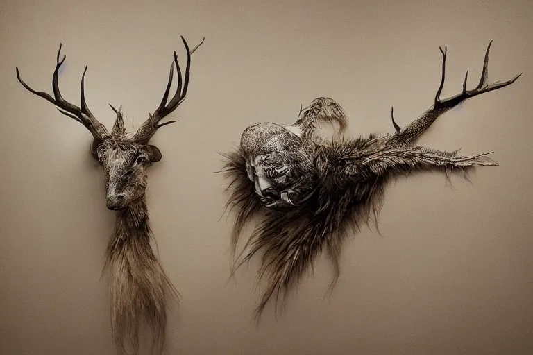 Prompt: taxidermy art photography. photo - realistic uhdr, hyperrealism, highly detailed, cinematic, luminescence, 3 2 k, high contrast, intricate, mystery, epic, dark fantasy