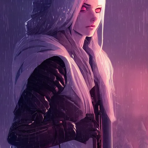 Prompt: portrait of the pale blond soldier Lucius, long curly blond hair, jagged black cyberpunk armor, imperial russian city streets covered in snow, sci fi, night time, ambient lighting, 4k, anime key visual, lois van baarle, ilya kuvshinov, rossdraws, artstation