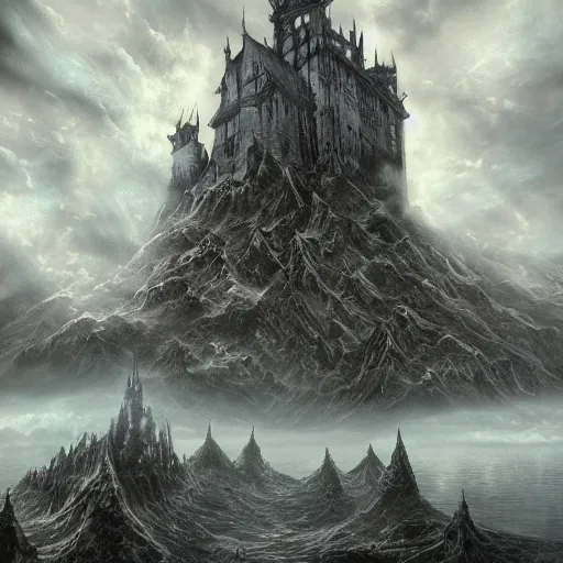 Prompt: a gigantic tall upside-down surreal elaborate inverted dark gothic stone castle descending from the clouds above a lake at midnight, illustration by Ayami Kojima, dramatic lighting, concept art, hyperdetailed, 4k