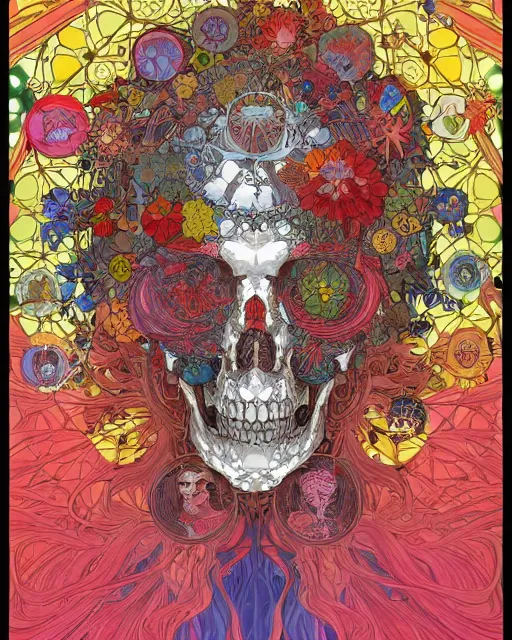 Image similar to anime manga skull art surrounded by varities of superhot chili peppers, cell shading, voronoi, fibonacci sequence, sacred geometry by Alphonse Mucha, Moebius, hiroshi yoshida, Art Nouveau, colorful, ultradetailed, vivid colour, 3d