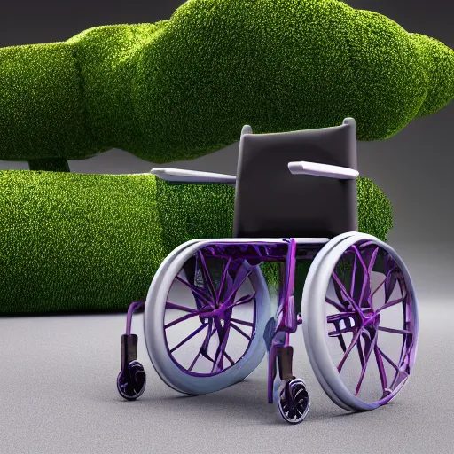Image similar to a 3d render of a vaporwave wheelchair, ultra detailed, realism, 8k, octane render, unreal engine