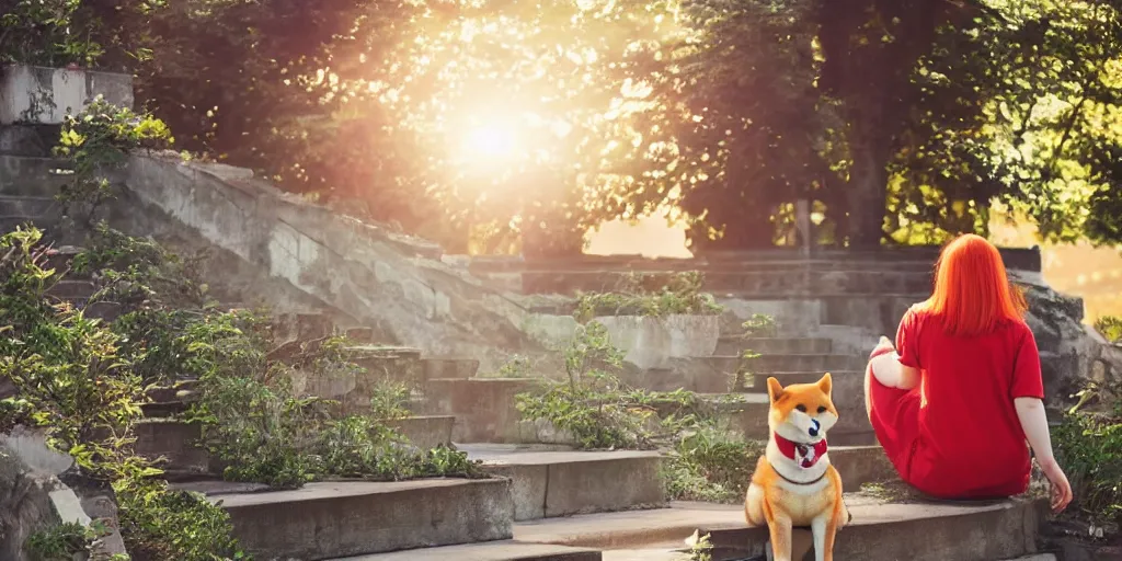 Image similar to a girl with red hair, sitting on stairs with a shiba inu, watching the sun set. anime, intricate details, 4k —steps 100