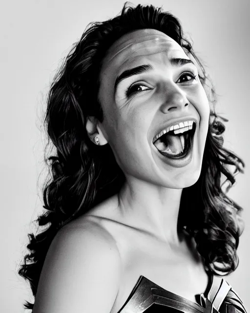 Image similar to gal gadot as she crinkles her nose while laughing, dressed as wonder woman, photorealistic, black and white photography, 2 0 0 mm nikkor m f / 5. 6, 4 x 5 film, bokeh