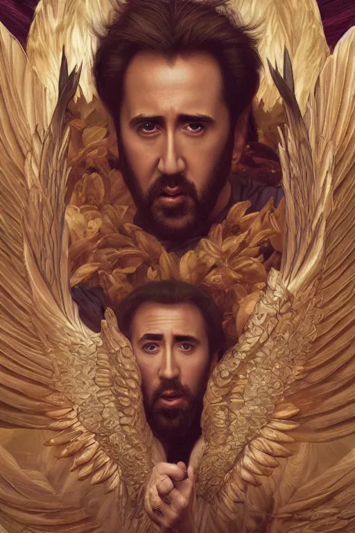Image similar to Portrait of Nicolas Cage with angelic wings with multiple eyes on them, cinematic lighting, intricate, elegant, highly detailed, digital painting, artstation, smooth, sharp focus, illustration, art by artgerm and greg rutkowski and alphonse mucha and Wayne Barlowe and william-adolphe bouguereau
