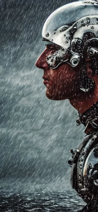 Image similar to suit of armor made of liquid, rising up from lake, water armor, norway fjord, medium close up portrait, water armor, studio lighting, stormy seas, beautiful, bokeh, snowy, storm clouds, god rays, d & d, fantasy, elegant, low key color palette, concept art, roger deakins and greg rutkowski and alphonse mucha