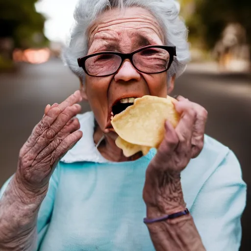 Image similar to elderly woman screaming at a taco, canon eos r 3, f / 1. 4, iso 2 0 0, 1 / 1 6 0 s, 8 k, raw, unedited, symmetrical balance, wide angle