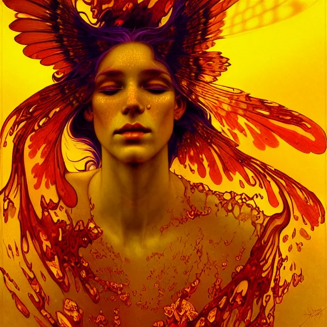 Image similar to psychedelic transcendent freckled face mind bending psychedelic wings of glossy liquid honey flowing like kaleidoscopic translucent amber, lsd feathers, honey wind, enlightenment, high contrast dappled lighting, refracted sunset, highly detailed, concept art, art by collier, albert aublet, krenz cushart, artem demura, alphonse mucha