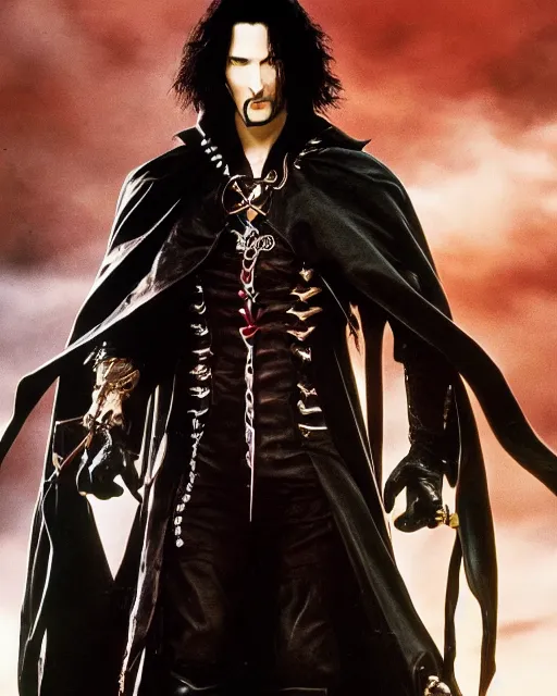 Prompt: live action vampire hunter D staring Keanu Reeves as D, the Dhampir, cinematic, Steampunk, Romania, Vampires, Anime