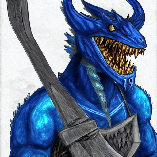 Image similar to fantasy concept art; portrait of a blue dragonborn wielding an axe; barbarian clothing; detailed sketch