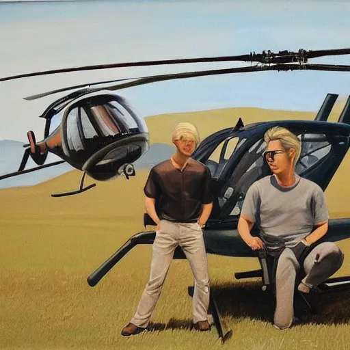 Image similar to painting of blonde swedish guy and tall korean guy in front or robinson r 4 4 helicopter