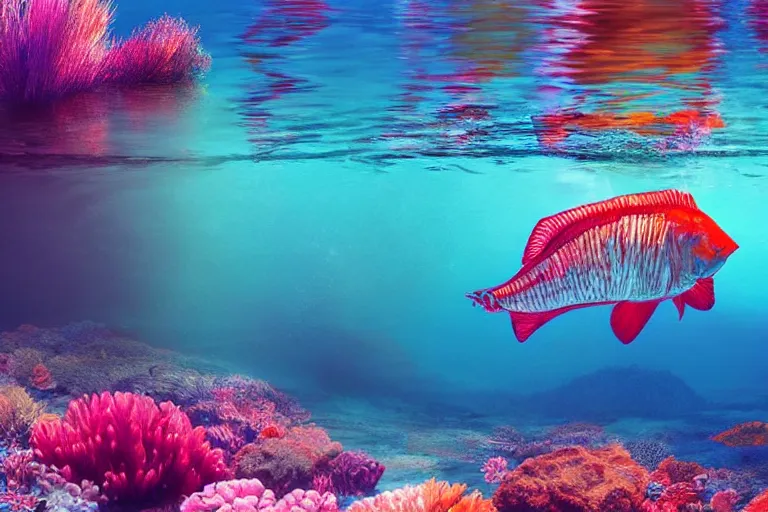 Prompt: ultra realistic underwater photography, panoramic picture of a river with ( subject : a very big exotic brightly coloured fish ). lots of bubbles. wavy, scattered light entering from the water surface, artstation, 8 k