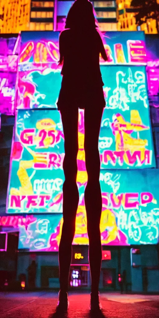 Image similar to 8 0 s neon movie scene. a girl stands alone on a sidewalk. the girl is looking up at a large billboard, hyper realism, rack focus, close establishing shot, neon lights illuminate her face, soft dramatic lighting, 4 k digital camera