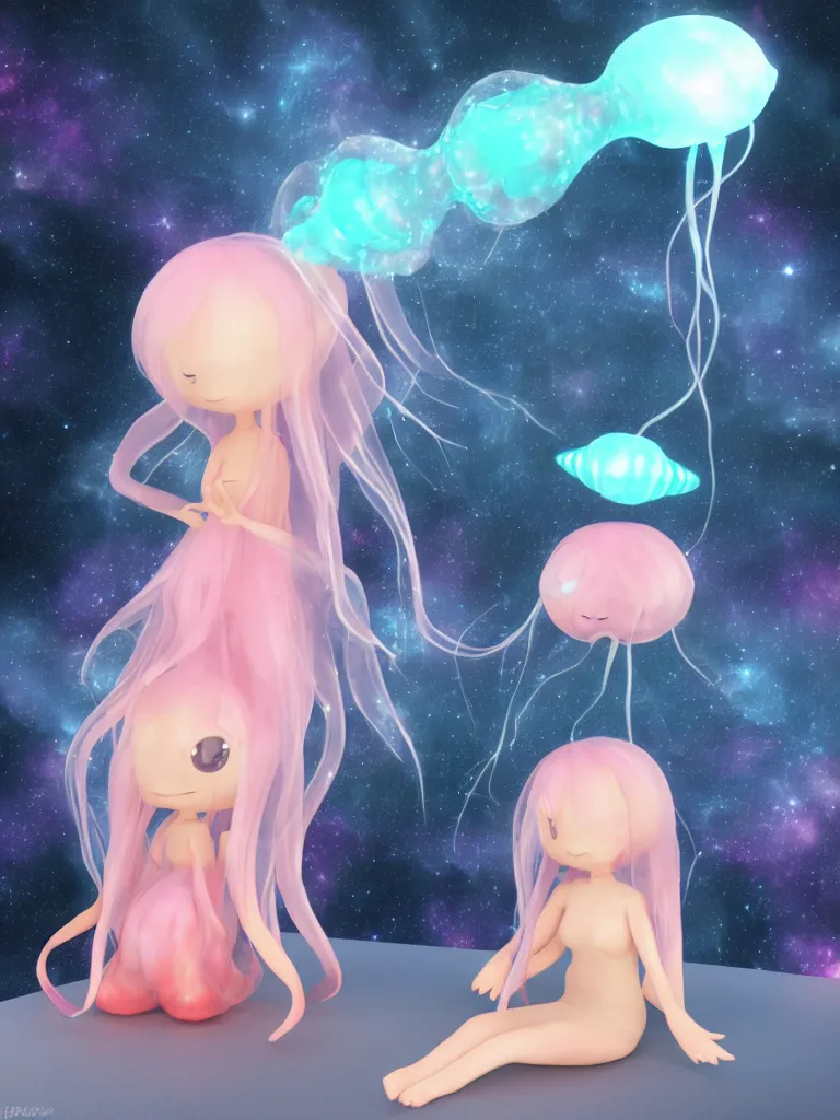 Image similar to cute fumo plush alien jellyfish girl sitting on a small island floating in the dark galactic abyss, vignette, vray