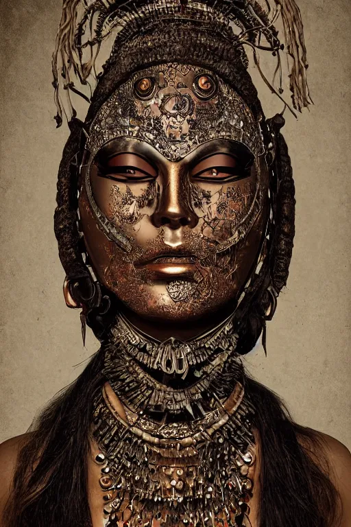 Prompt: portrait, headshot, digital painting, an beautiful techno - shaman lady in carved metal mask, realistic, hyperdetailed, chiaroscuro, concept art, art by frans hals