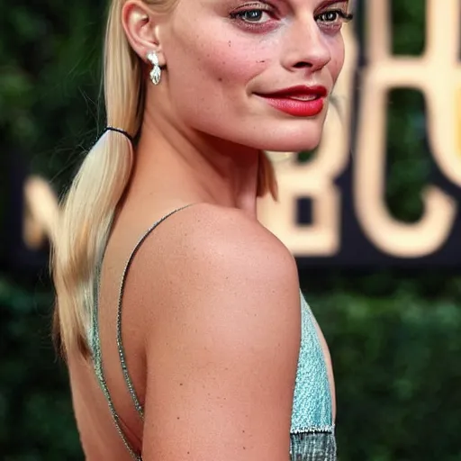 Image similar to a woman who is a genetic combination of margot robbie and emma watson face and upper - body focus