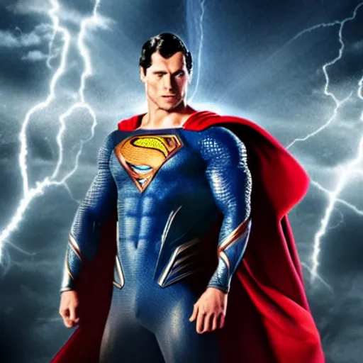 Image similar to Ultra-high resolution. Thor, Superman and Dr. Manhattanin in the Fortress of Solitude. Thor holding Mjolnir, Mjolnir shooting out lightning bolts, Vegvesir symbol in background.