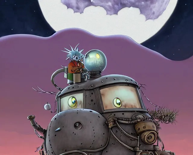 Image similar to a cell shaded cartoon grey lovecraftian mechanized santa from howl's moving castle ( 2 0 0 4 ), with a big head, on a desert road, wide shot, in front of a big moon, muted colors, post grunge, josan gonzales, wlop, by james jean, victor ngai, hq, deviantart, art by artgem