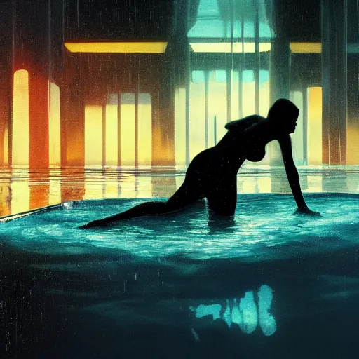 Prompt: silhouette submerged in a pool, stormy weather, extremely detailed masterpiece, oil on canvas, low-key neon lighting, artstation, Blade Runner 2049, Roger Deakin’s cinematography, by J. C. Leyendecker and Peter Paul Rubens,
