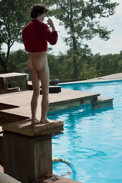 Image similar to timothee chalamet standing on the diving board, red weapon 8 k s 3 5, cooke anamorphic / i lenses, highly detailed, cinematic lighting