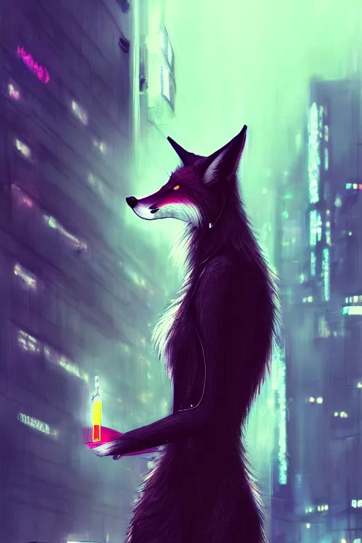 Image similar to beautiful portrait of a tall female anthro fox, smoking a cigarette in a crowd, a wet city street, cyberpunk, harsh neon lights, highly detailed, deep shadows, digital painting, shallow depth of field, illustration, art by sakimichan, artgerm