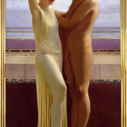 Prompt: a painting of a woman standing next to a man, an art deco painting by Albert Joseph Moore, tumblr, figurative art, art deco, pre-raphaelite, 1920s