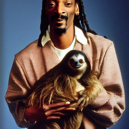 Prompt: Snoop Dogg holding a Sloth for a 1990s sitcom tv show, Studio Photograph, portrait, C 12.0