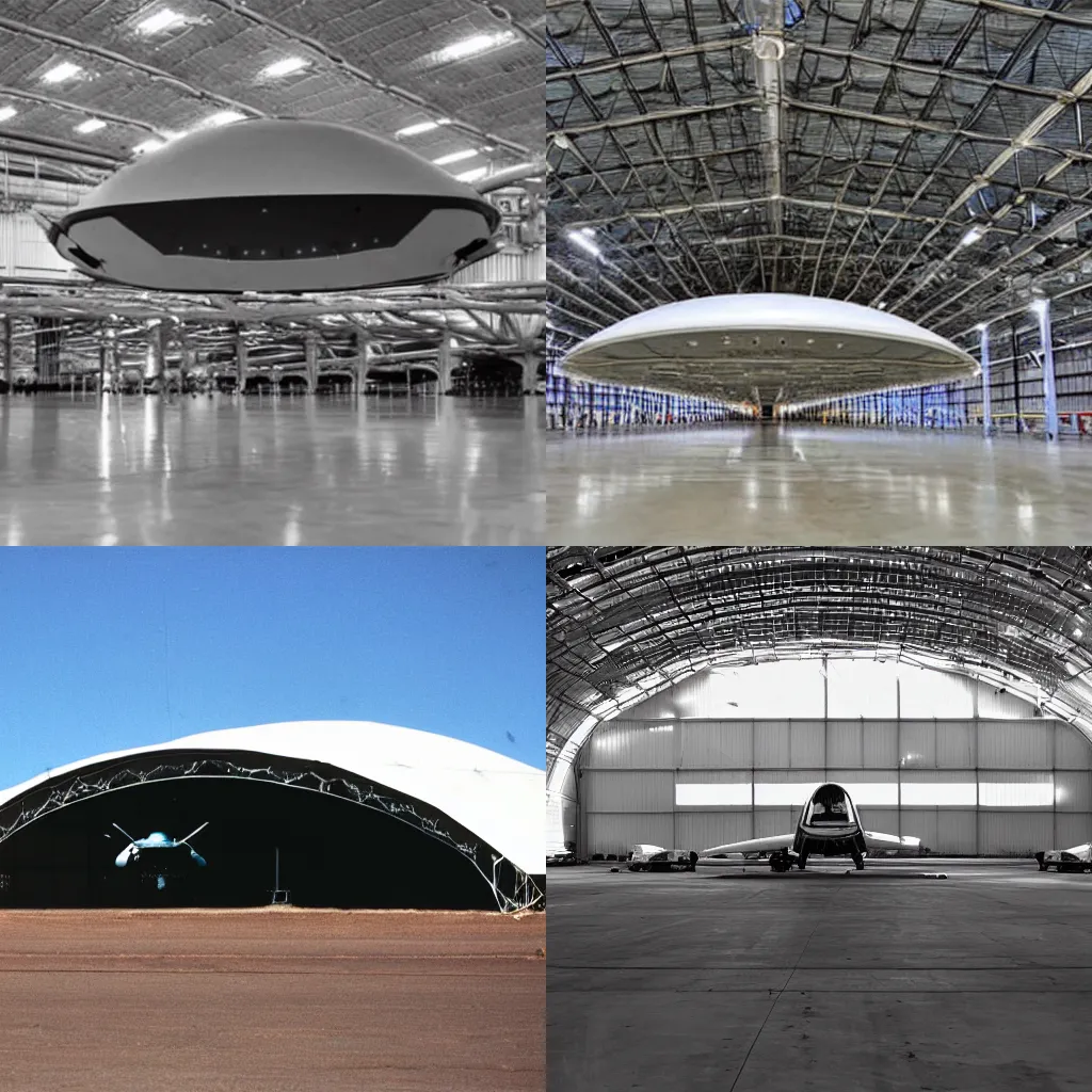 Prompt: a UFO sitting inside a hangar at Area 51