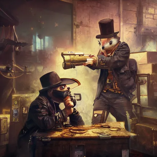 Image similar to oil painting of two hamsters holding guns, berets, medium shot, steampunk clothes, steampunk city background, sharp focus, fantasy style, octane render, volumetric lighting, 8k high definition, by greg rutkowski, highly detailed, trending on art Station, explosions, magic the gathering artwork, centered