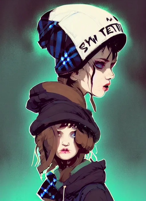 Image similar to highly detailed portrait of a sewer punk lady student, blue eyes, tartan hoody, hat, white hair by atey ghailan, by greg rutkowski, by greg tocchini, by james gilleard, by joe fenton, by kaethe butcher, gradient green, black, brown and magenta color scheme, grunge aesthetic!!! ( ( graffiti tag wall background ) )