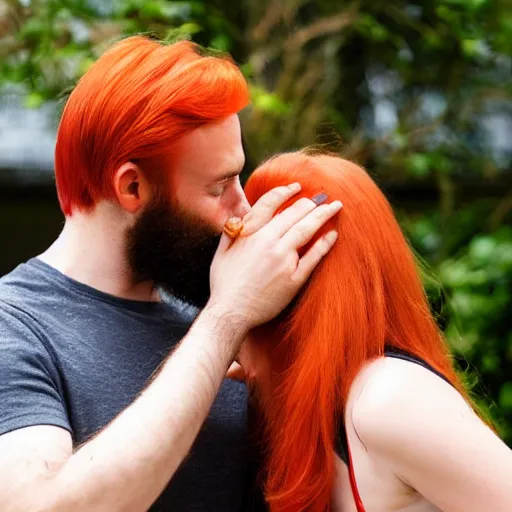 Prompt: a man with a dark well groomed beard gently slapping an attractive woman with straight red orange hair in the face with a lizard