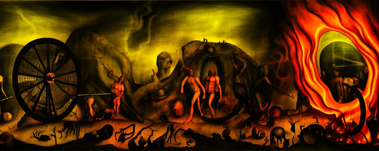 Image similar to trapped on a hedonic treadmill, dark uncanny surreal painting by bosch, dramatic lighting from fire glow, mouth of hell, ixions wheel