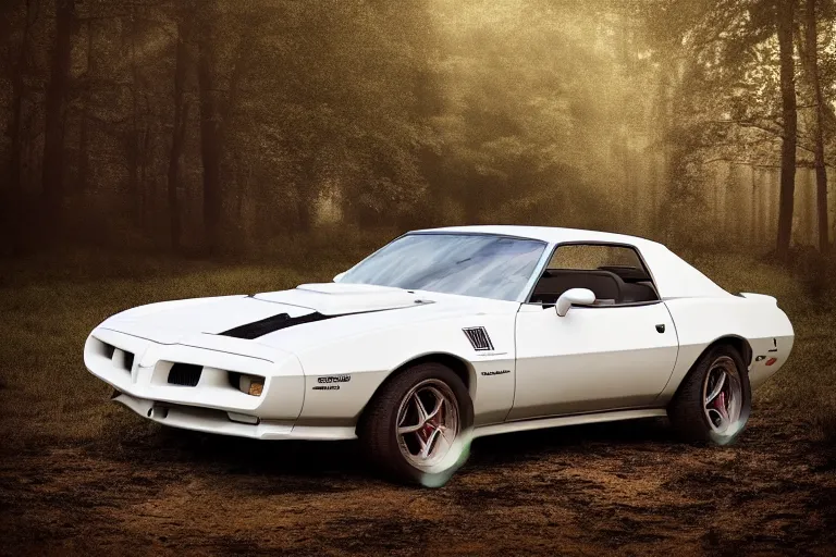 Image similar to reflective white pontiac firebird with kittens drawn on it, dramatic, cinematic, forest, volumetric lighting