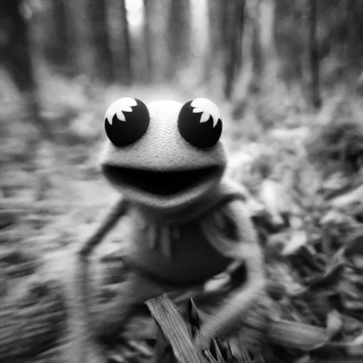 Prompt: scary trailcam photo of kermit the frog at night walking in the forest. blury. dark. flash