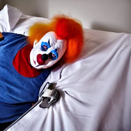 Image similar to insane elderly clown supine in hospital bed, strapped into bed with restraints, trying to get out but unsuccessful, photograph, 8 k