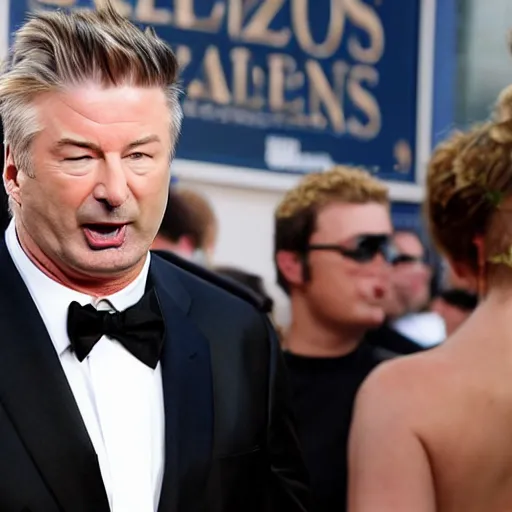 Prompt: An image of Alec Baldwin yelling at the paparazzi. Telephoto photo.