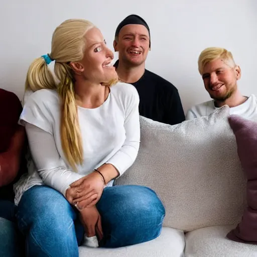 Image similar to white woman with blond pigtails sitting on a white couch with blue pillows. behind the couch is 5 men smiling.