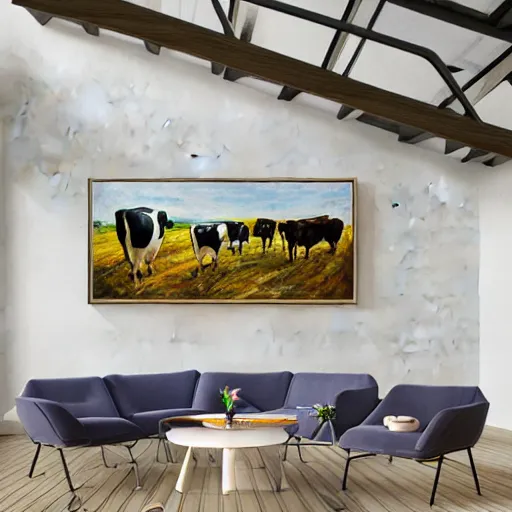 Image similar to interior view of modern futuristic farm barn architecture and interior design, lounge chairs, sofas, cows, chickens, pigs, wall art, detailed luminescent oil painting 4 k
