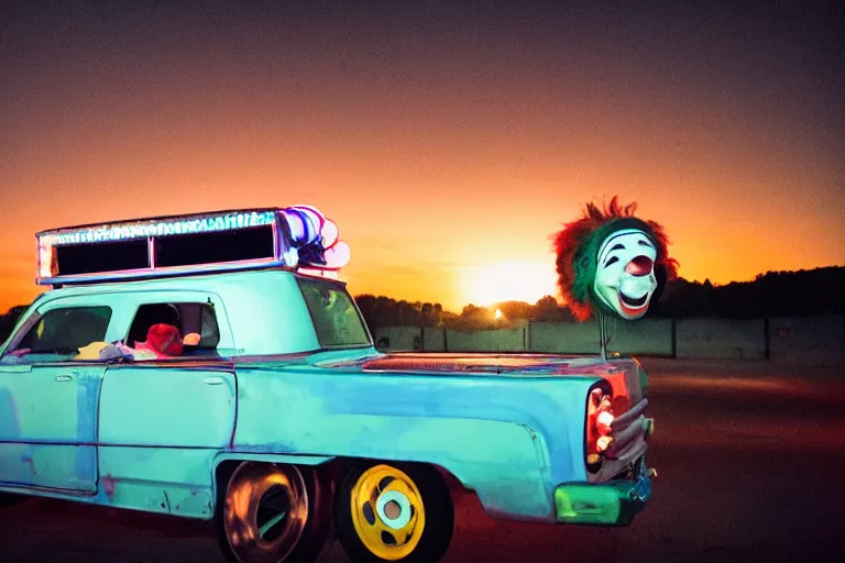 Image similar to clowncar at a california drive in, in 2 0 1 2, cutecore clowncore, bathed in the the glow of the sunset, low - light photograph, in style of tyler mitchell