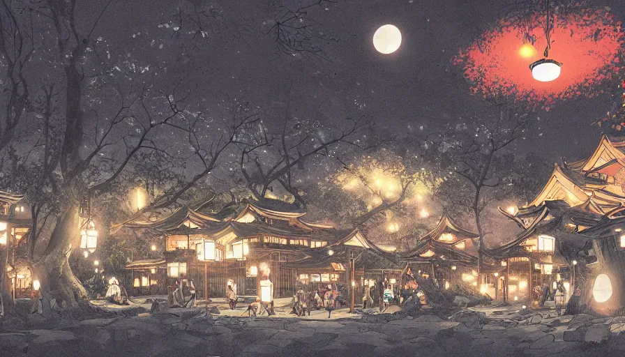 Prompt: party in a japanese village built in green mountains, fireplace, banquet, fireworks, lights at night, moon, manga style, hyperdetailed, artstation, cgsociety, 8 k