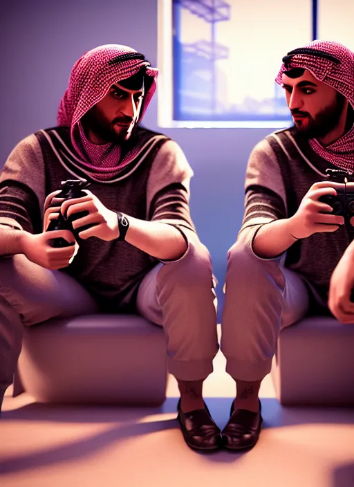 Prompt: portrait, twins playing video games, sheik mohammad ruler of dubai, hyperdetailed illustration by irakli nadar and alexandre ferra, intricate linework, unreal engine 5 highly rendered, global illumination, detailed and intricate environment